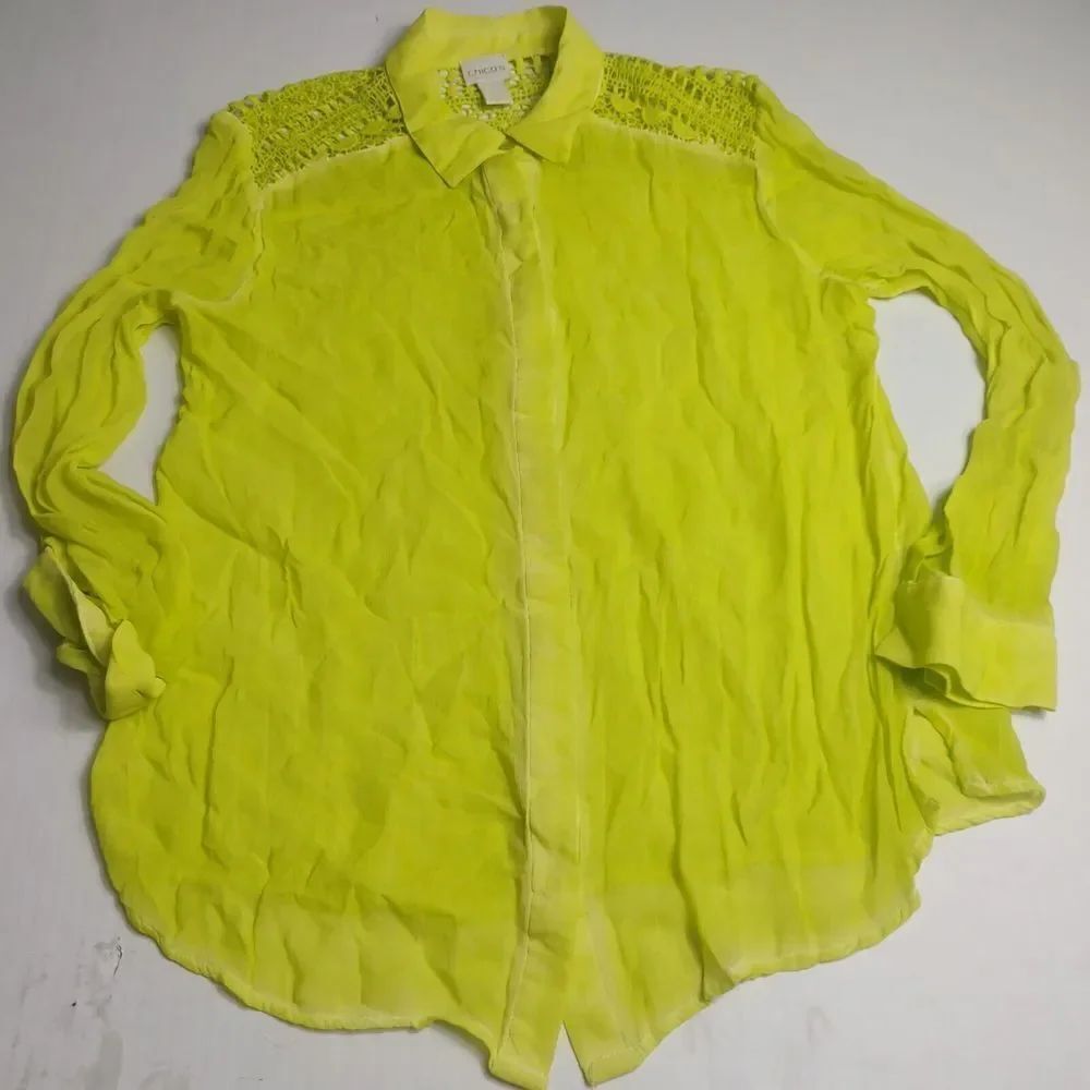Chicos Lace Button Down Shirt Bright Green Long Sleeve Casual Top Size 1 MEDIUM